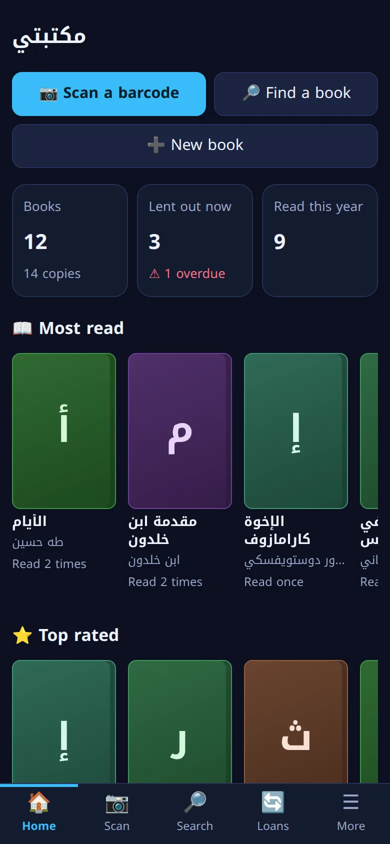 The Maktabty home screen: counts of books and loans, and the most read books